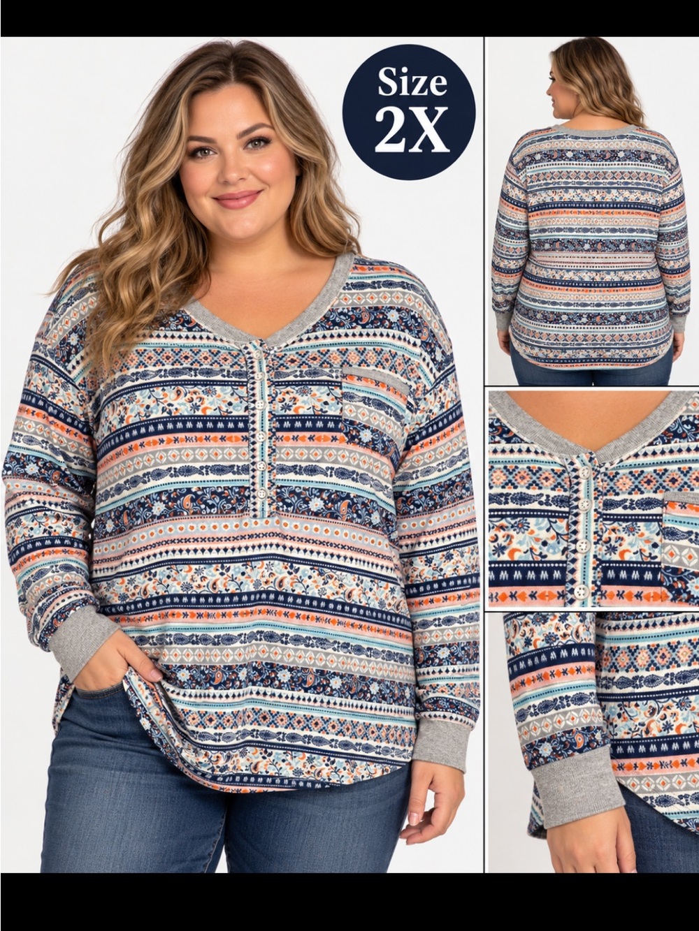 Cuddl Duds Striped Henley Crewneck Sweater in Blue, Orange & White Size 2X